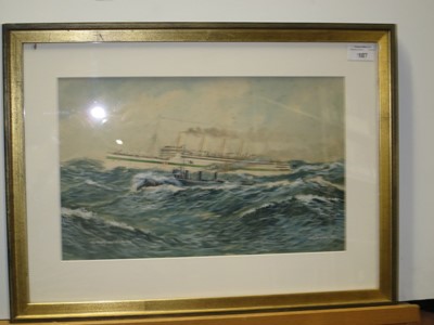 Lot 187 - WILL JENEWAY (BRITISH, 1886-1947) The mighty and the strong - H.M. Hospital Ship 'Aquitania' being escorted by a torpedo boat destroyer