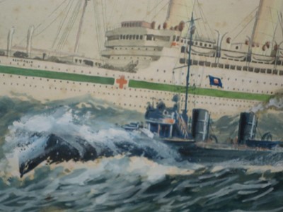 Lot 187 - WILL JENEWAY (BRITISH, 1886-1947) The mighty and the strong - H.M. Hospital Ship 'Aquitania' being escorted by a torpedo boat destroyer