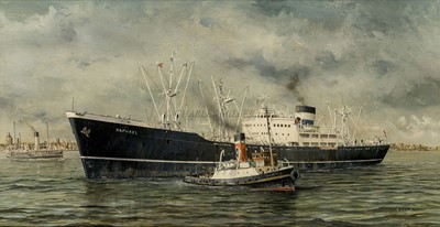 Lot 97 - δ ROBERT G. LLOYD (BRITISH, B. 1969) - The Lamport & Holt Line S.S. 'Raphael' off Liverpool, circa 1955