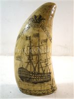 Lot 137 - Ø A 19TH CENTURY SCRIMSHAW DECORATED WHALE'S TOOTH COMMEMORATING ADMIRAL NELSON AND H.M.S. VICTORY