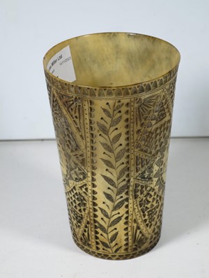 Lot 17 - A FINELY CARVED AND SCRIMSHAW-DECORATED HORN BEAKER FROM THE NEW BEDFORD WHALER MINERVA, CAPTAIN EDWARD PENNIMAN, CIRCA 1850