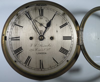 Lot 283 - A FINE SHIP'S BELL BULKHEAD CLOCK INCORPORATING THE SEQUENCE FOR THE 'DOG WATCHES' BY J.R. LOSADA, LONDON, CIRCA 1870