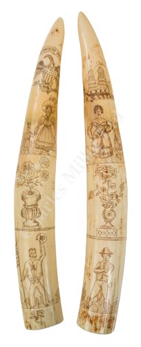 Lot 133 - Ø A PAIR OF 19TH CENTURY SCRIMSHAW DECORATED AMERICAN WALRUS TUSKS