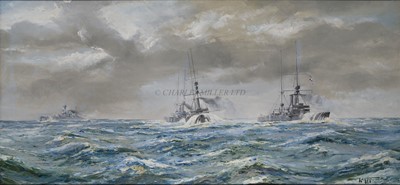 Lot 225 - δ ROBERT TAYLOR (BRITISH, 1946-2024) - The battleship 'King Edward VII' steaming in heavy seas in company with two of her [seven] sisters, and with a ‘dreadnought’ overtaking them to starboard