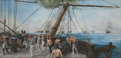 Lot 152 - δ ROBERT TAYLOR (BRITISH, 1946-2024) - ONBOARD H.M.S. 'VICTORY' AT THE BATTLE OF TRAFALGAR