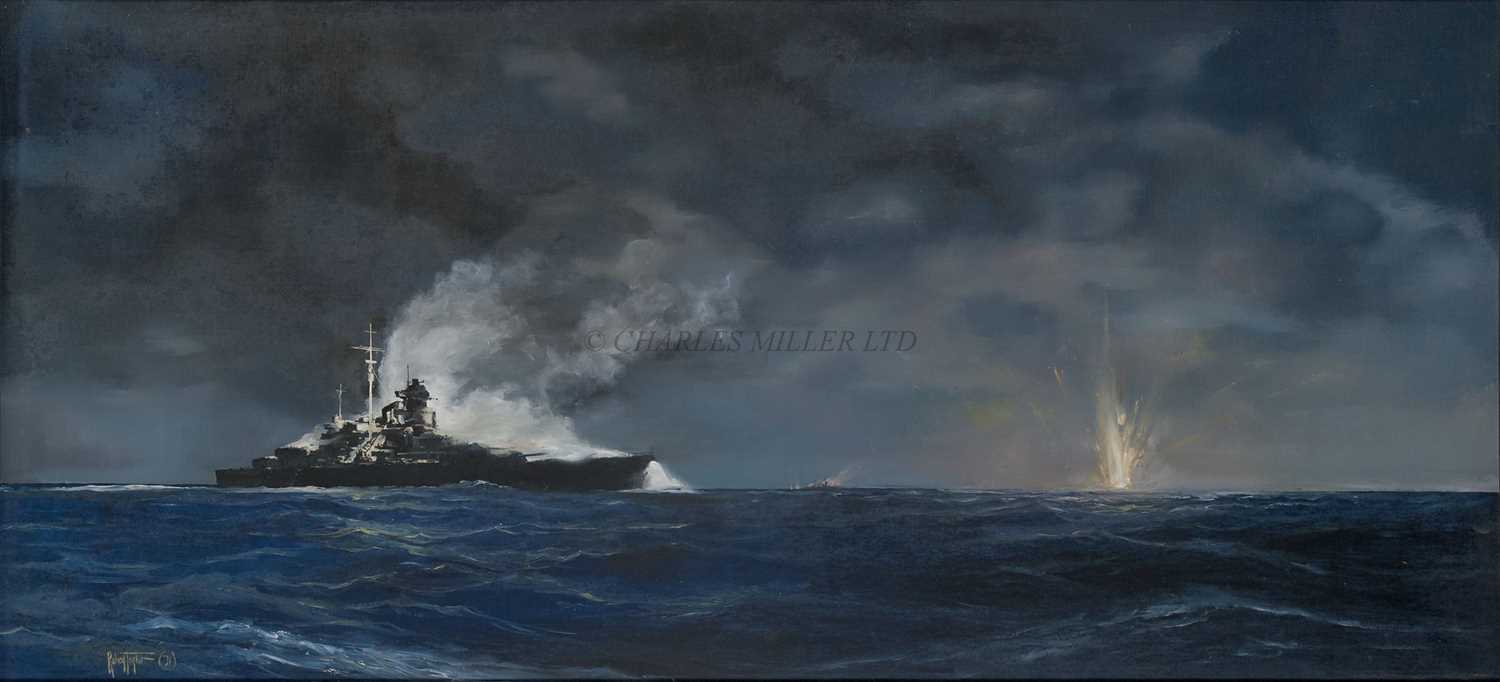 Lot 235 - δ ROBERT TAYLOR (BRITISH, 1946-2024) - THE 'BISMARCK' SINKING H.M.S. 'HOOD'