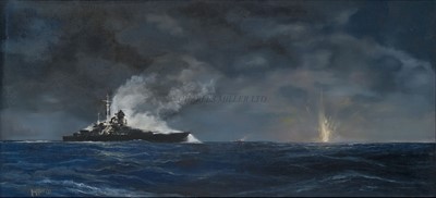 Lot 235 - δ ROBERT TAYLOR (BRITISH, 1946-2024) - THE 'BISMARCK' SINKING H.M.S. 'HOOD'