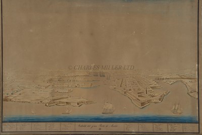 Lot 175 - MALTESE SCHOOL, (CIRCA 1800) - POSSIBLE PRINT DESIGN: VIEW OF THE GRAND PORT OF MALTA WITH LOCATION KEY BELOW ('VEDUTA DEL GRAN PORTO DI MALTA')