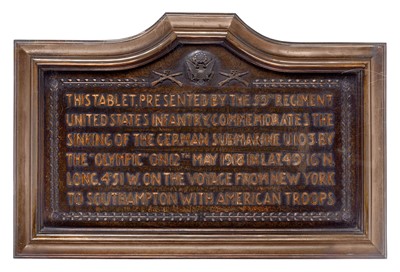 Lot 224 - A BRONZE WALL PLAQUE COMMEMORATING THE SINKING OF 'U-103' BY H.M.T. 'OLYMPIC', 1918