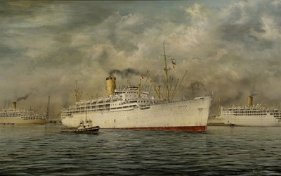 Lot 71 - δ ROBERT G. LLOYD (BRITISH, B. 1969) - THE P&O LINER S.S. 'CHUSAN' PICTURED IN THE RIVER THAMES OFF TILLBURY, CIRCA 1958