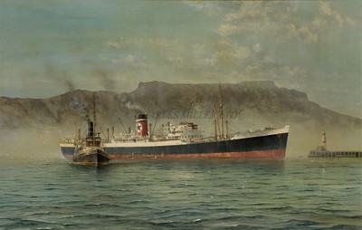 Lot 97 - δ ROBERT G. LLOYD (BRITISH, B. 1969) - THE BLUE STAR CARGO LINER 'EMPIRE STAR' AT CAPE TOWN IN 1938