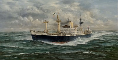 Lot 69 - δ ROBERT G. LLOYD (BRITISH, B. 1969) - THE PACIFIC STEAM NAVIGATION CO. MV 'COTOPAXI' IN HEAVY WEATHER, BAY OF BISCAY, CIRCA 1960