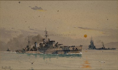 Lot 252 - δ DEREK GEORGE MONTAGUE GARDNER (BRITISH, 1914-2007) - A SOUTHAMPTON CLASS CRUISER IN DAZZLE CAMOUFLAGE LEAVING THE SCAPA FLOW