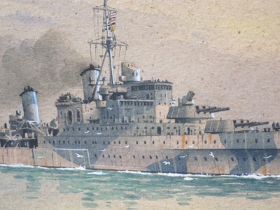 Lot 252 - δ DEREK GEORGE MONTAGUE GARDNER (BRITISH, 1914-2007) - A SOUTHAMPTON CLASS CRUISER IN DAZZLE CAMOUFLAGE LEAVING THE SCAPA FLOW
