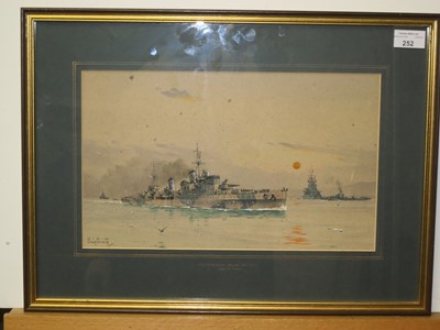 Lot 252 - δ DEREK GEORGE MONTAGUE GARDNER (BRITISH, 1914-2007) - A SOUTHAMPTON CLASS CRUISER IN DAZZLE CAMOUFLAGE LEAVING THE SCAPA FLOW