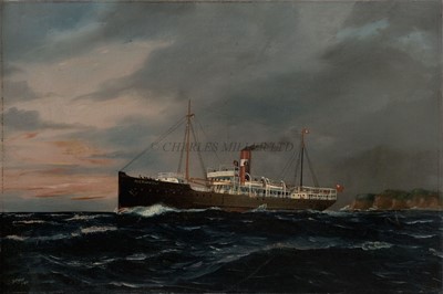 Lot 79 - BRITISH SCHOOL (20TH CENTURY) - THE ILLAWARRA & SOUTH COAST SN CO. PASSENGER-CARGO SHIP S.S. 'MERIMBULA' STEAMING OFF A HEADLAND