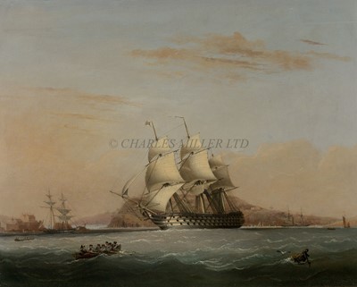 Lot 125 - NICHOLAS MATTHEW CONDY (BRITISH, 1816/18-1851) - H.M.S. 'BRITANNIA' SAILING OFF PLYMOUTH AND SUMMONING A PILOT