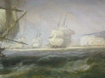 Lot 172 - THOMAS LUNY (BRITISH, 1759-1837) - A SQUADRON OF THE RED SHORTENING SAIL OFF BEACHY HEAD