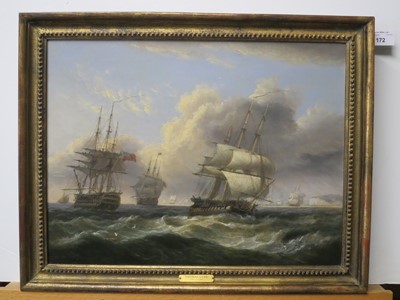 Lot 172 - THOMAS LUNY (BRITISH, 1759-1837) - A SQUADRON OF THE RED SHORTENING SAIL OFF BEACHY HEAD