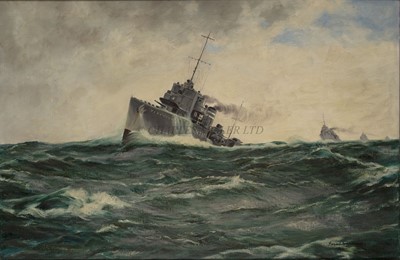 Lot 228 - MARGARET ANDERSON (BRITISH, 20TH CENTURY) - THE DESTROYER H.M.S. 'FAME' ESCORTING AN ATLANTIC CONVOY, 1942