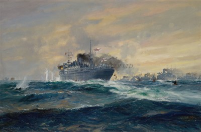 Lot 229 - δ FRANK HENRY MASON (BRITISH, 1876-1965) - SELF SACRIFICE: H.M.S. 'JERVIS BAY' IN ACTION WITH S.M.S. 'ADMIRAL SCHEER', 1940