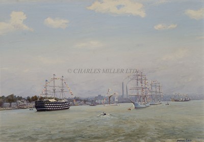 Lot 257 - δ DENYS LAW (1907-1981) - THE TRAINING SHIP 'WORCESTER' MOORED ON THE THAMES AT GREENHITHE, 1962