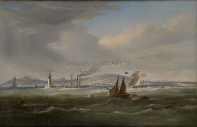 Lot 55 - WILLIAM JOHN HUGGINS (BRITISH, 1781-1845) - THE IRISH PADDLE PACKET 'SHANNON' OFF POOLBEG LIGHTHOUSE, DUBLIN BAY WITH THE CITY BEYOND, CIRCA 1835