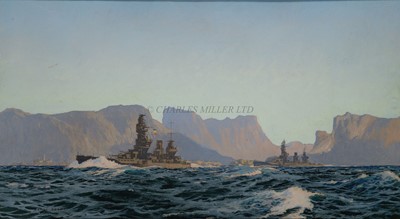 Lot 242 - δ CHARLES PEARS (BRITISH, 1873-1958) - JAPANESE BATTLESHIPS 'FUSO' & 'YAMISHIRO' OFF SOUTH AMERICA