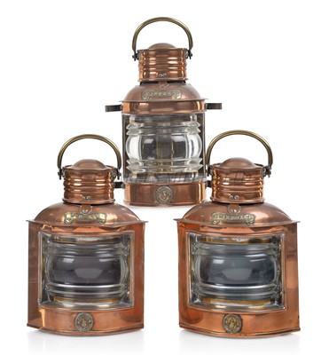 Lot 105 - A SET OF 3 COPPER AND BRASS NAVIGATION LAMPS