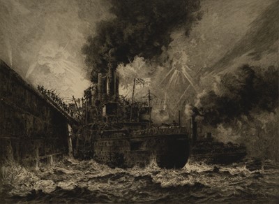 Lot 220 - ALBANY E. HOWARTH (BRITISH, 1872-1936), AFTER CHARLES JOHN DE LACEY (BRITISH, 1856-1936) - 'VINDICTIVE' DISEMBARKING TROOPS FOR THE ZEEBRUGGE RAID