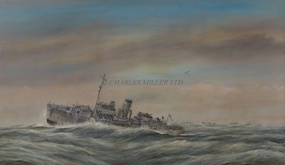 Lot 230 - δ GEOFF SHAW (BRITISH, 1924-1992) - H.M.S. 'CARNATION' ON CONVOY ESCORT DUTY IN THE ATLANTIC, 1944