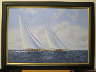 Lot 44 - δ JAMES MILLER (BRITISH, B 1962) - 'ENDEAVOUR' AND 'RAINBOW' NECK AND NECK, AMERICA'S CUP 1934