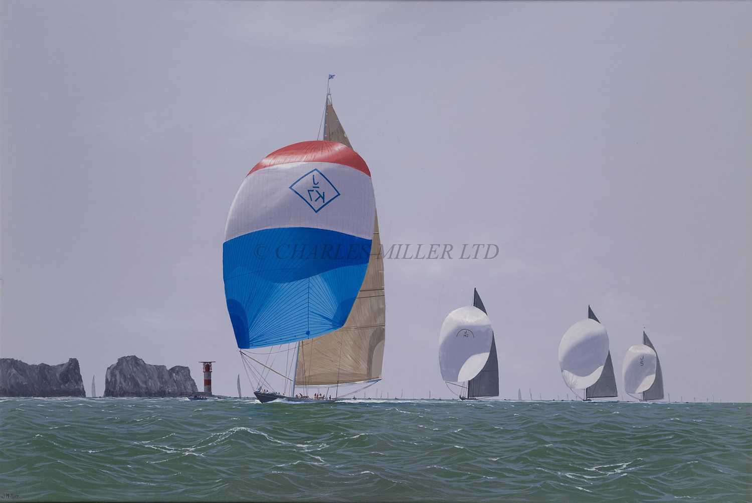 Lot 43 - δ JAMES MILLER (BRITISH, B. 1962) - 'VELSHEDA' LEADS THE FLEET THE SOLENT J CLASS REGATTA, 2012