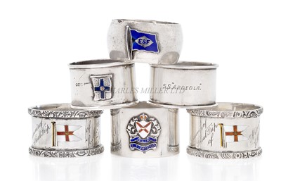 Lot 111 - SIX SILVER SHIPPING COMPANY NAPKIN RINGS