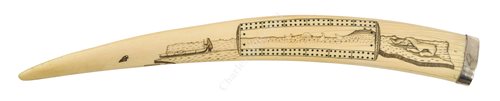 Lot 130 - Ø A LARGE INUIT SCRIMSHAW DECORATED CRIBBAGE BOARD WALRUS TUSK, CIRCA 1910