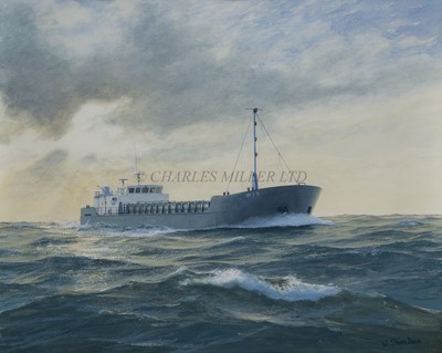 Lot 110 - δ JOHN STEVEN DEWS (BRITISH, B. 1949) - THE EGGAR FORRESTER LTD. CARGO SHIP 'WIB' UNDERWAY IN A CALM SWELL 1979