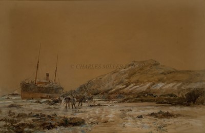 Lot 62 - CHARLES EDWARD DIXON (BRITISH, 1872-1934) - A COASTAL STRANDING, WITH LOCAL INHABITANTS ON THE FORESHORE TRYING TO ASSIST