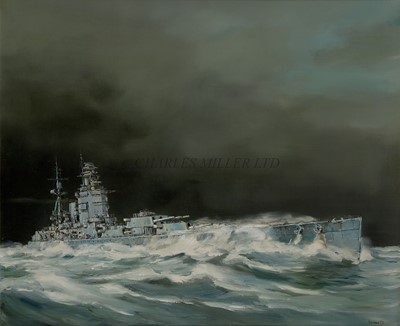 Lot 239 - δ IAN LOWE (BRITISH, 20TH CENTURY) - FORCE TEN DECREASING, H.M.S. 'RODNEY' CLEARING A STORM