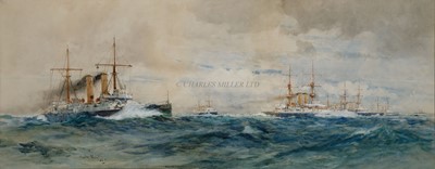 Lot 193 - CHARLES EDWARD DIXON (1872-1934) - THE CHANNEL FLEET ON MANOEUVRES LED BY ITS FLAGSHIP H.M.S. 'REVENGE', CIRCA 1896