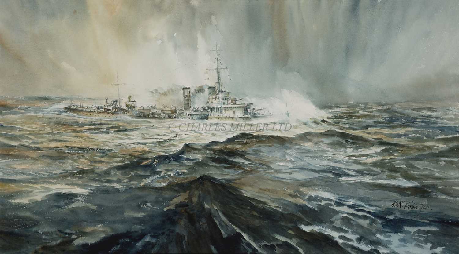 Lot 255 - δ BRIAN ENTWISTLE (BRITISH, 20TH CENTURY) - H.M.S. 'CAMPBELL' STEAMING OFF THE FAROES IN WORLD WAR II