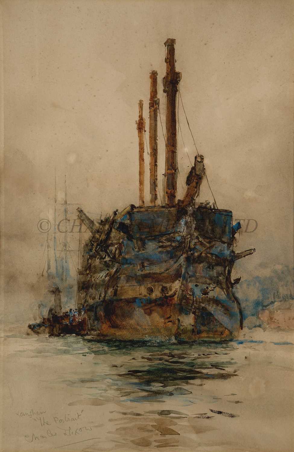 Lot 40 - CHARLES EDWARD DIXON (BRITISH, 1872-1934) - THE OLD 'WELLESLEY' HULKED IN THE TYNE, WITH THE TRAINING SHIP 'CORNWALL' MOORED ASTERN OF HER