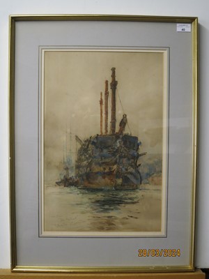 Lot 40 - CHARLES EDWARD DIXON (BRITISH, 1872-1934) - THE OLD 'WELLESLEY' HULKED IN THE TYNE, WITH THE TRAINING SHIP 'CORNWALL' MOORED ASTERN OF HER