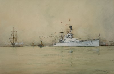 Lot 226 - WILLIAM MINSHALL BIRCHALL (BRITISH, USA, 1884-1941) Prince of Wales eastern tour / H.M.S. ‘Renown’ leaving Portsmouth 26.10.1921