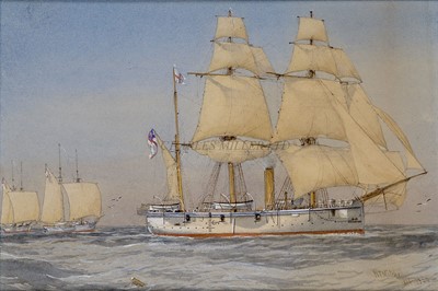 Lot 191 - WILLIAM FREDRICK MITCHELL (BRITISH, 1845-1914) - H.M. SLOOP 'DRAGON' TOWING H.M. SCHOONERS 'HARRIER' AND 'UNDINE', RED SEA MAY 1882