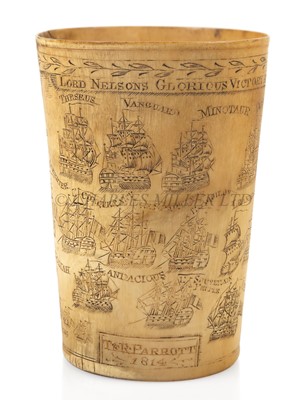 Lot 140 - RARE GEORGE III HORN BEAKER COMMEMORATING THE BATTLE OF THE NILE BY NATHANIEL SPILMAN OF YARMOUTH, DATED 1814