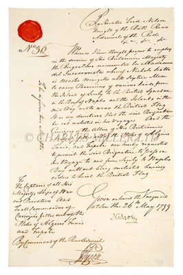 Lot 142 - AN AUTOGRAPH VICTUALLING ORDER FROM NELSON, 1799