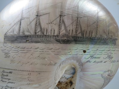Lot 23 - A LARGE-SIZED MID-19TH CENTURY SCRIMSHAW WORKED NAUTILUS SHELL BY C.H. WOOD
