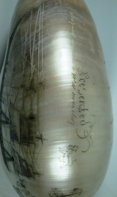 Lot 23 - A LARGE-SIZED MID-19TH CENTURY SCRIMSHAW WORKED NAUTILUS SHELL BY C.H. WOOD
