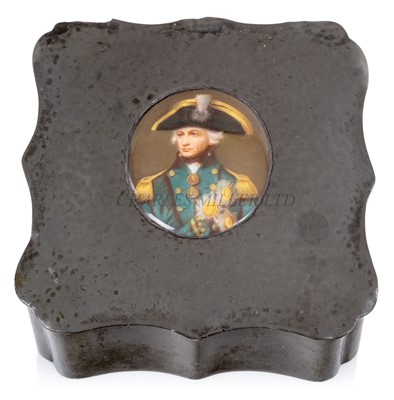 Lot 138 - A PEWTER BOX COMMEMORATING ADMIRAL LORD NELSON, CIRCA 1905