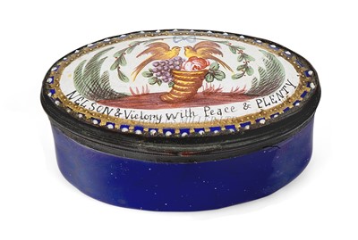 Lot 163 - A BILSTONWARE 'NELSON' ENAMEL SNUFFBOX, CIRCA 1800